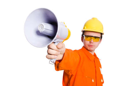 Builder with loudspeaker isolated on whiteの写真素材