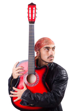 Man with guitar isolated on whiteの写真素材
