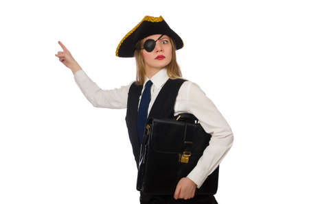 Pretty pirate girl holding bag isolated on whiteの写真素材
