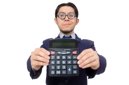 Funny man with calculator isolated on whiteの写真素材
