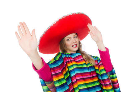 Pretty girl in mexican poncho isolated on whiteの写真素材