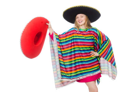 Pretty girl in mexican poncho isolated on whiteの写真素材