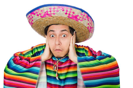 Funny mexican wearing poncho isolated on whiteの写真素材
