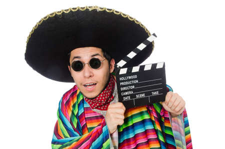 Funny mexican in poncho with clapper-board isolated on whiteの写真素材
