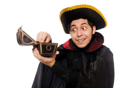 Young pirate holding chest box isolated on whiteの写真素材