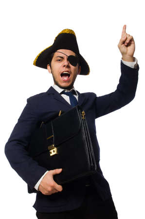Young one eyed captain with briefcase isolated on whiteの写真素材