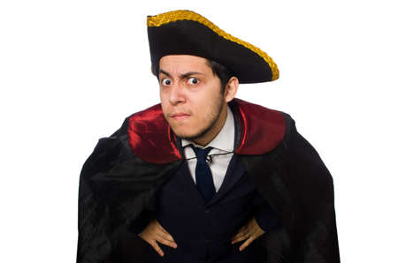 Young man wearing tricorn and coat isolated on whiteの写真素材