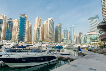 Dubai - JANUARY 10, 2015: Marina district on January 10 in UAE, Dubai. Marina district is popular residential area in Dubaiのeditorial素材