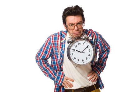 Student with alarm clock isolated on whiteの写真素材