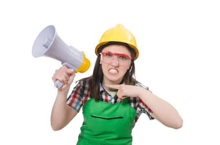 Woman wearing hard hat with loudspeakerの写真素材