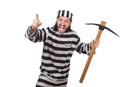 Prison inmate with axe isolated on whiteの写真素材