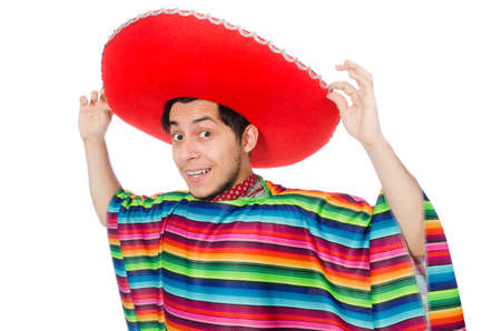 Funny mexican wearing poncho isolated on whiteの写真素材