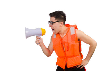 Funny man wearing vest with loudspeaker
