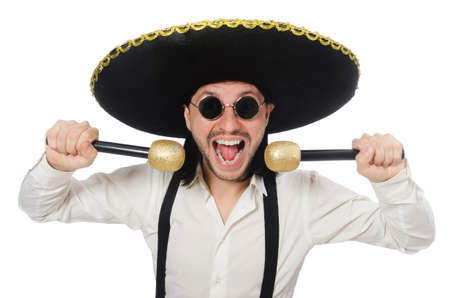 Funny man wearing mexican sombrero hat isolated on whiteの写真素材