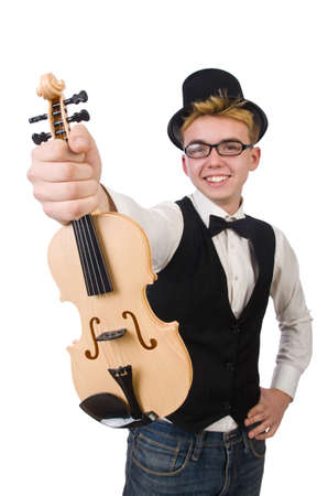 Funny  violin player isolated on whiteの写真素材