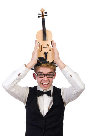 Funny  violin player isolated on whiteの写真素材