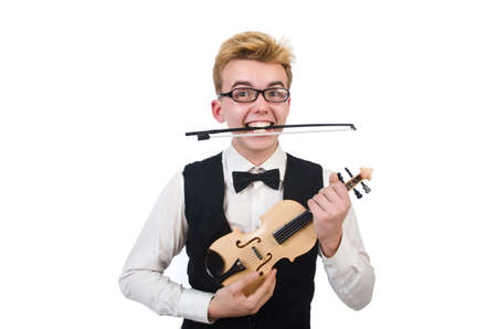 Funny  violin player isolated on whiteの写真素材