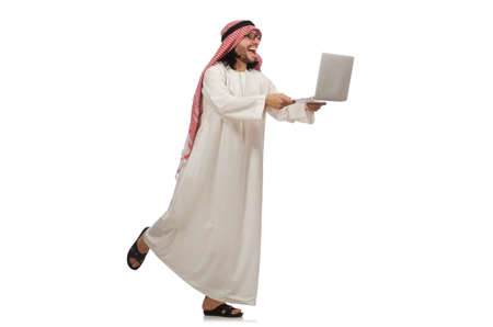 Arab man with laptop isolated on whiteの写真素材