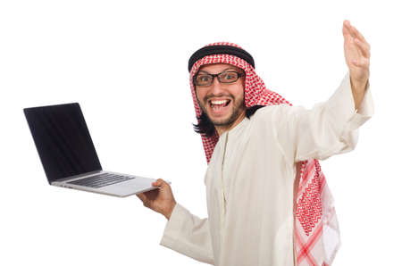 Arab man with laptop isolated on whiteの写真素材