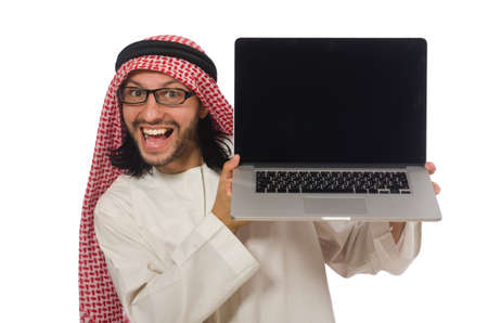 Arab man with laptop isolated on whiteの写真素材
