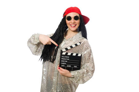 Girl with dreadlocks holding clapperboard isolated on white