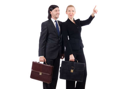 Businessman and businesswoman with briefcases isolated on whiteの写真素材
