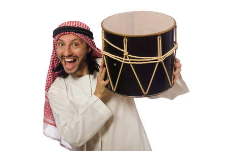 Arab man playing drum isolated on whiteの写真素材