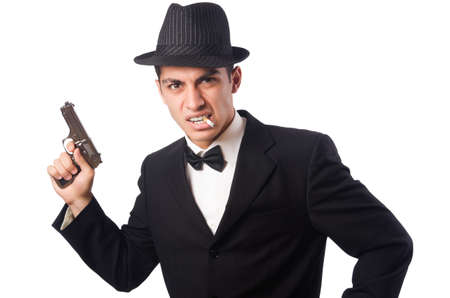 Young elegant man holding handgun isolated on white