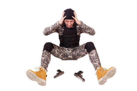 Caucasian soldier with handgun isolated on whiteの写真素材