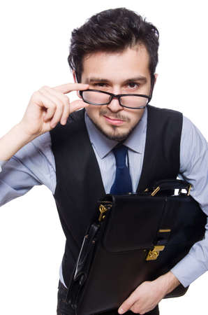 Funny businessman with briefcase isolated on whiteの写真素材