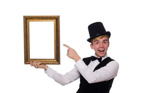 Guy with photo frame isolated on whiteの写真素材