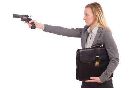 Pretty employee with handgun isolated on whiteの写真素材