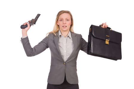 Pretty employee with handgun isolated on whiteの写真素材