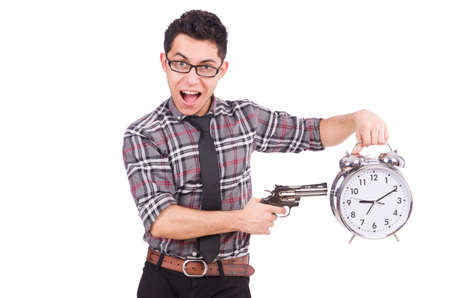 Employee holding alarm clock isolated on whiteの写真素材