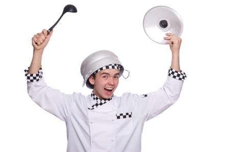 Young chef holding pan isolated on whiteの写真素材