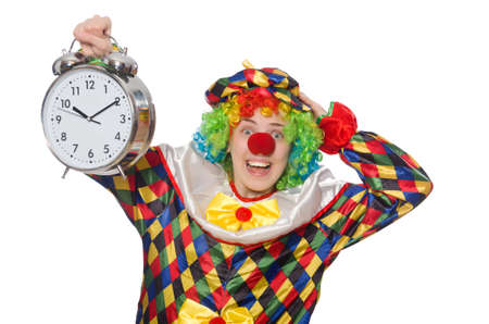Clown with clock isolated on whiteの写真素材