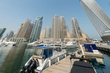 Dubai - AUGUST 9, 2014: Dubai Marina district on August 9 in UAE. Dubai is fastly developing city in Middle Eastのeditorial素材