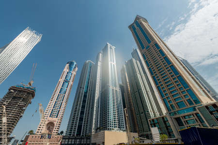 Dubai - AUGUST 9, 2014: Dubai Marina district on August 9 in UAE. Dubai is fastly developing city in Middle Eastのeditorial素材