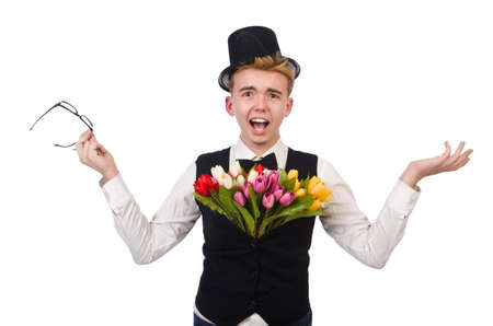 Gentleman with flowers isolated on whiteの写真素材