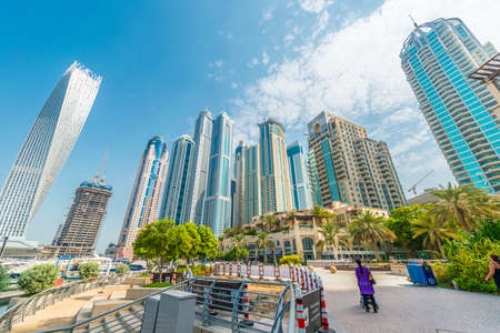 Dubai - AUGUST 9, 2014: Dubai Marina district on August 9 in UAE. Dubai is fastly developing city in Middle Eastのeditorial素材