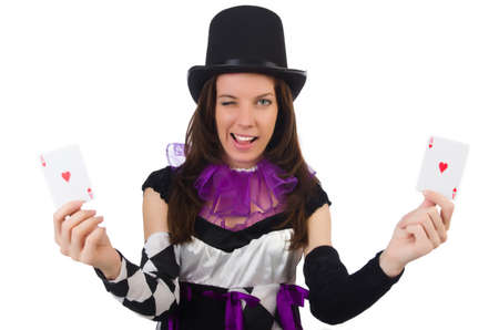 Pretty girl in jester costume isolated on whiteの写真素材