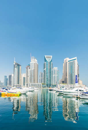 Dubai - AUGUST 9, 2014: Dubai Marina district on August 9 in UAE. Dubai is fastly developing city in Middle Eastのeditorial素材