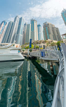 Dubai - AUGUST 9, 2014: Dubai Marina district on August 9 in UAE. Dubai is fastly developing city in Middle Eastのeditorial素材
