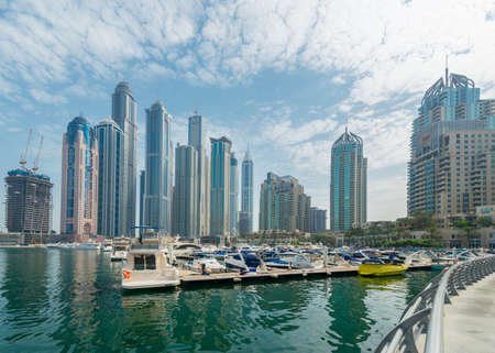 Dubai - AUGUST 9, 2014: Dubai Marina district on August 9 in UAE. Dubai is fastly developing city in Middle Eastのeditorial素材