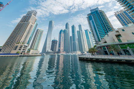 Dubai - AUGUST 9, 2014: Dubai Marina district on August 9 in UAE. Dubai is fastly developing city in Middle Eastのeditorial素材