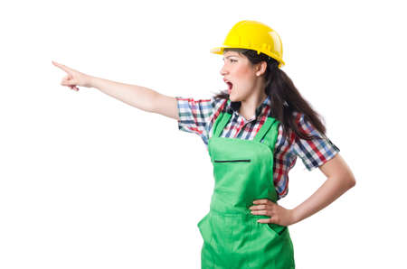 Female workman in green overalls isolated on whiteの写真素材