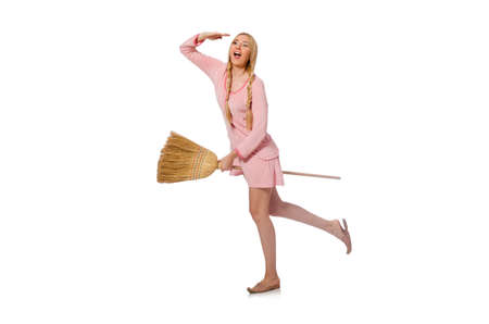 Housewife doing home cleaning isolated on whiteの写真素材