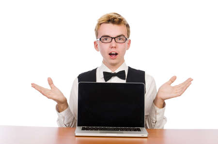 Smart student sitting with laptop isolated on whiteの写真素材