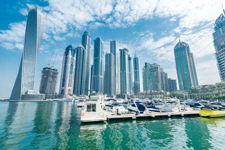 Dubai - AUGUST 9, 2014: Dubai Marina district on August 9 in UAE. Dubai is fastly developing city in Middle Eastのeditorial素材