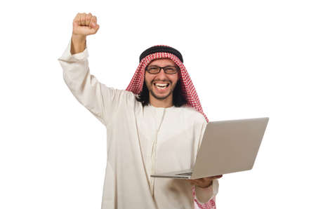 Arab man with laptop isolated on whiteの写真素材